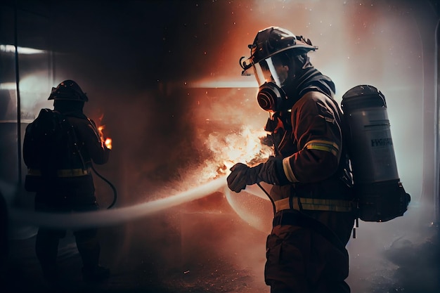 Pompiers combattant un incendie dans une pièce sombre avec de la fumée et des flammes ai génératives