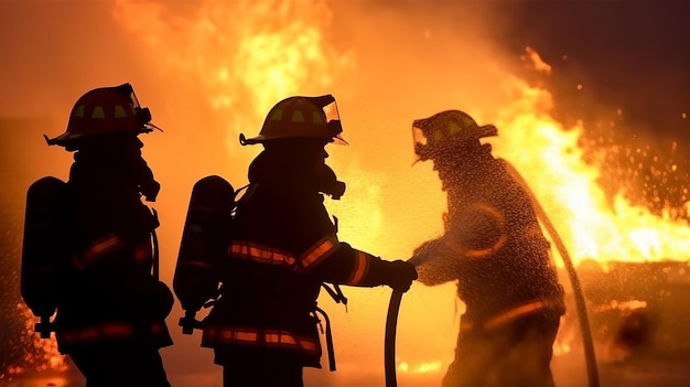 Photo pompiers combattant un incendie la nuit