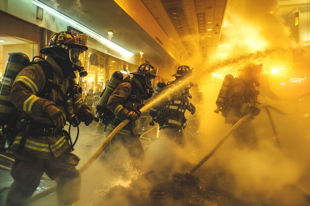 Les pompiers combattent les flammes avec des tuyaux à l'intérieur du bâtiment.
