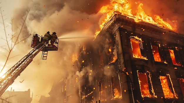 Des pompiers combattent un incendie dans un bâtiment en feu.