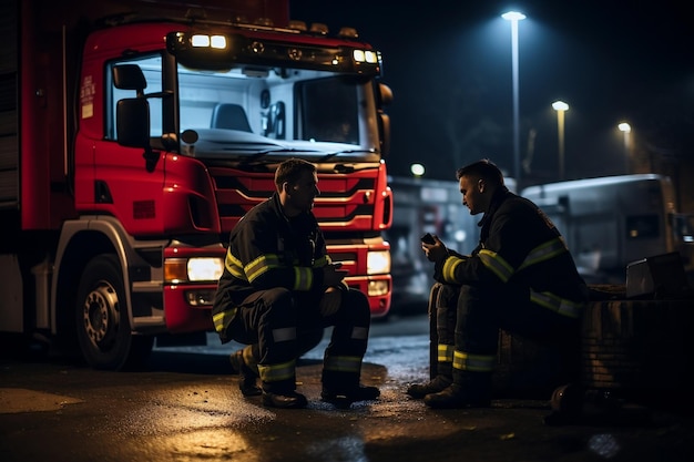 Pompiers conversant près d'un camion de pompiers AI générative
