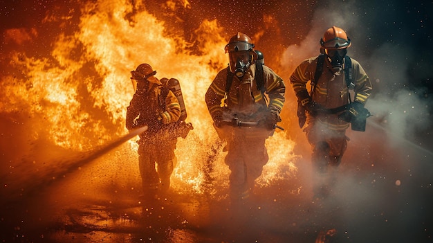 Des pompiers courageux combattant les flammes et la fumée dans une scène d'incendie dangereuse.