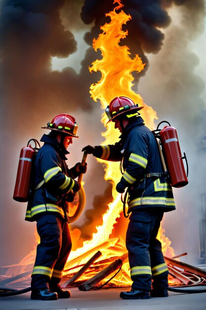 Photo des pompiers courageux utilisent la flamme pour combattre un incendie.