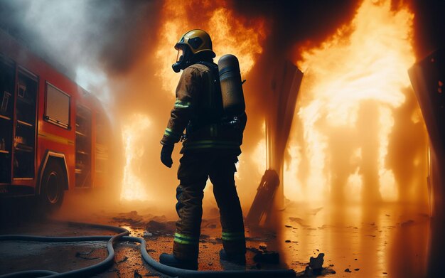 Pompiers dans le bâtiment d'incendie éteignant le feu Pompiers pulvérisent de l'eau sur les feux héros