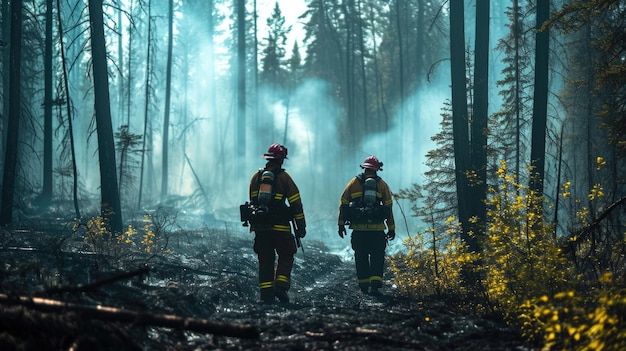 Pompiers dans une forêt enfumée