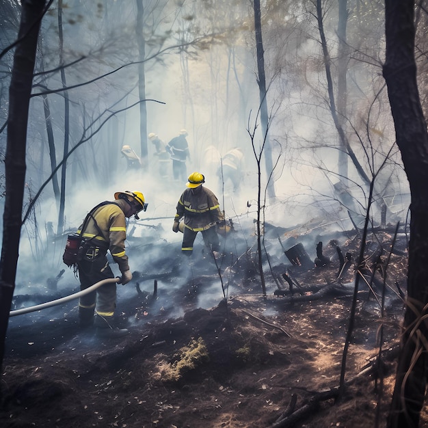 Pompiers dans une forêt avec un tuyau sur le dos