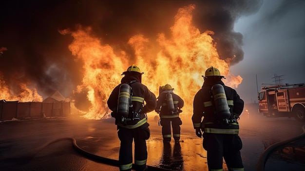 Pompiers devant un feu avec les mots pompier sur le mur