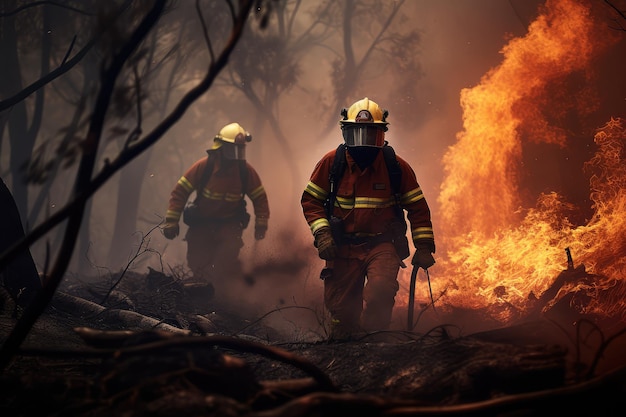 Des pompiers essayant d'éteindre un incendie de forêt.