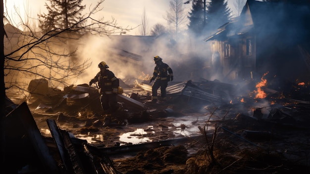 Les pompiers éteignent un incendie dans une maison incendiée