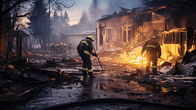 Les pompiers éteignent un incendie dans une maison incendiée