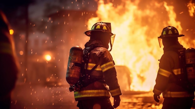 Les pompiers marchent vers un incendie