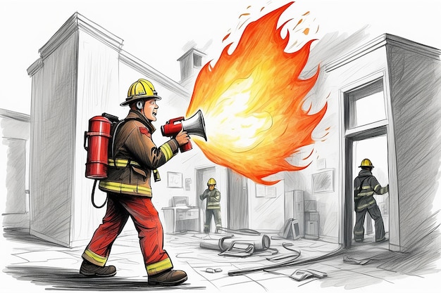 Pompiers avec mégaphone Annoncez l'alarme d'évacuation d'urgence d'incendie Alerte des occupants du bâtiment Personnages