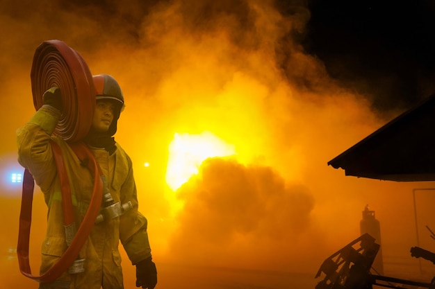 Photo les pompiers ont combattu l'incendie avec de grandes flammes qui ont brûlé des bâtiments résidentiels.