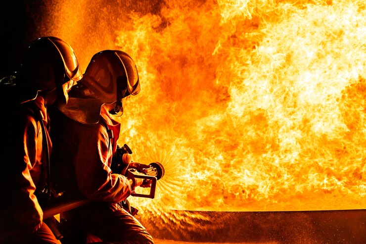Des pompiers pulvérisant des flammes la nuit.
