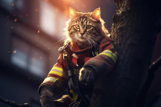 Des pompiers sauvent un chat d'un arbre.