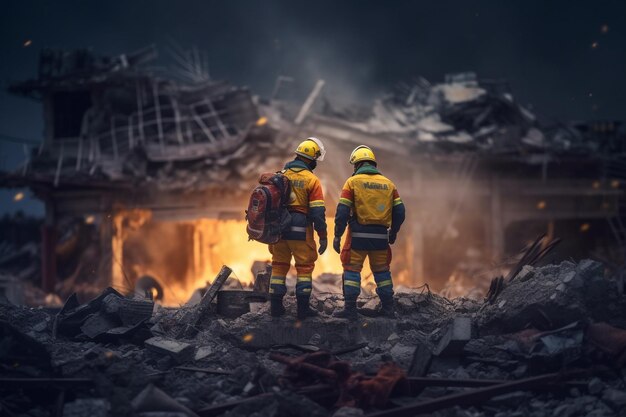 Les pompiers sauvent des enfants et des adultes d'un immeuble effondré.