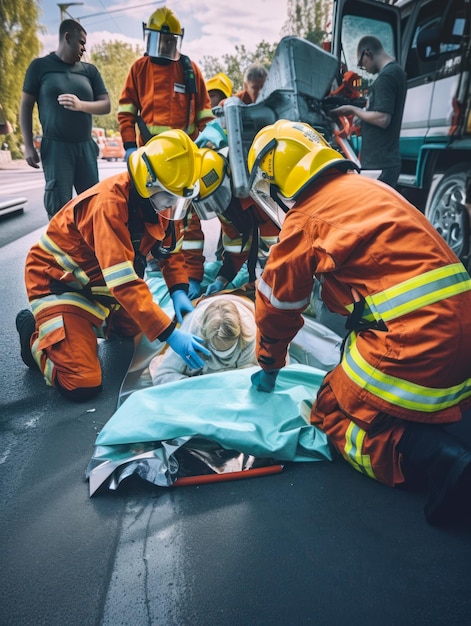 Des pompiers soignant une personne blessée sur une civière Un groupe de pompiers debout autour d'une personne sur une cibière