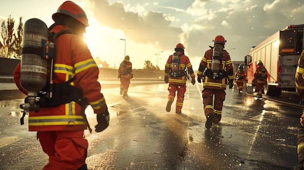 Photo des pompiers en tenue de protection marchent vers un camion de pompiers le soleil se couche et le ciel est orange