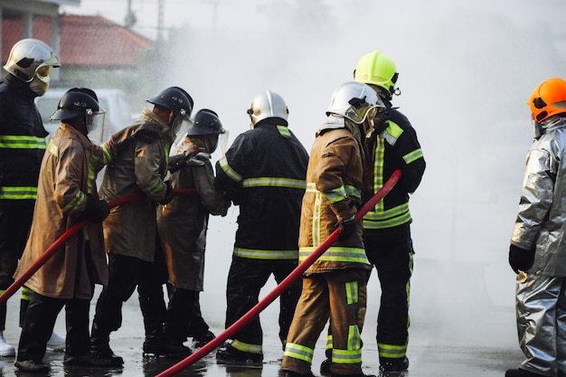 Pompiers utilisant un extincteur de type brouillard d'eau Twirl pour combattre avec la flamme du feu de l'huile pour contrôler le feu et ne pas se propager Concept de pompier et de sécurité industrielle