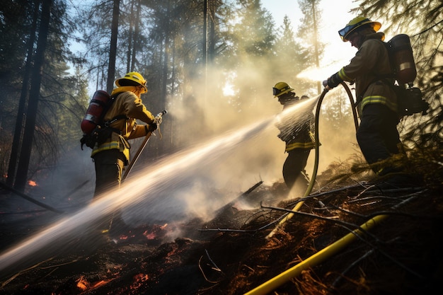 Photo les pompiers utilisent l'eau pour combattre les incendies de forêt tout en travaillant dur.