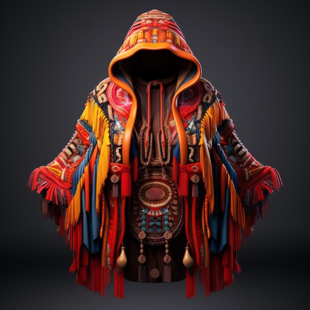 Un poncho à capuche de style indien vibrant dans un rendu 3D hyperréaliste