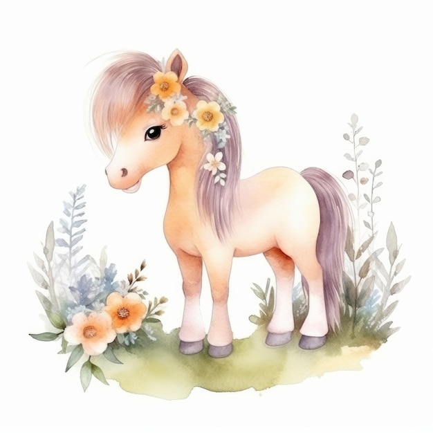 Poney aquarelle mignon Illustration AI GenerativexA