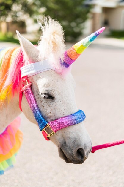 Un poney blanc décoré comme une licorne à la fête d'anniversaire de la petite fille.