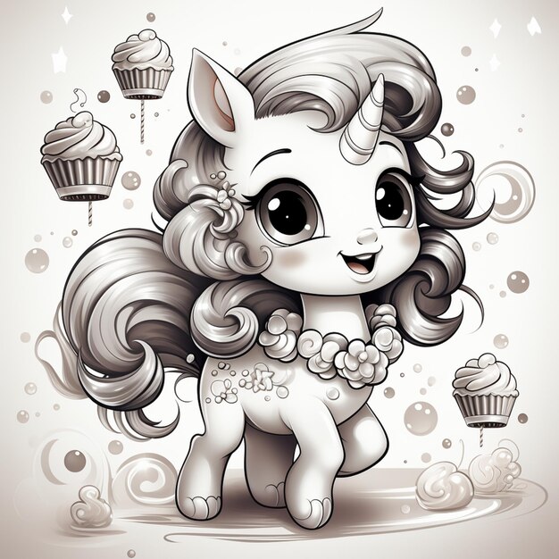 Photo poney de dessin animé avec un collier fleuri et un cupcake à l'arrière-plan