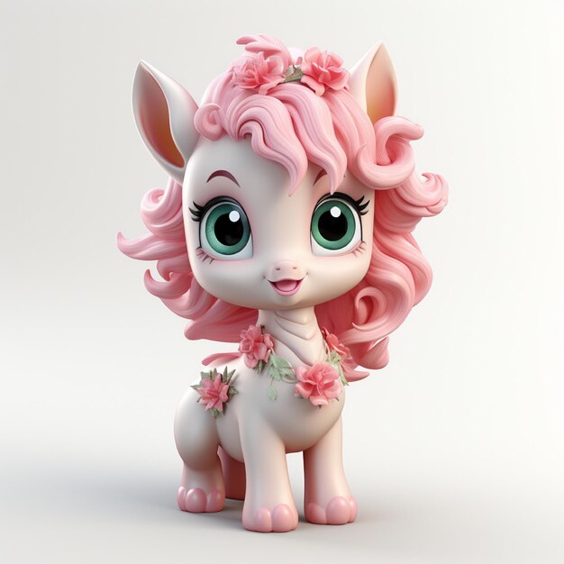 un poney rose avec des fleurs sur la tête