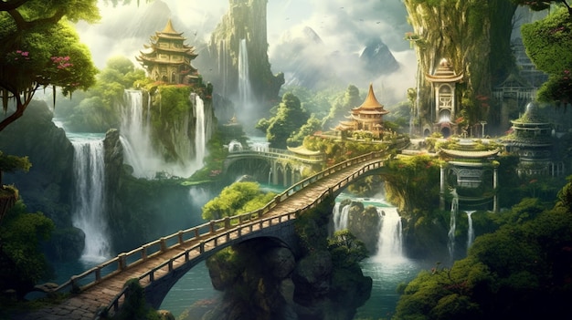 pont arafed au-dessus d'une cascade avec une pagode en arrière-plan IA générative