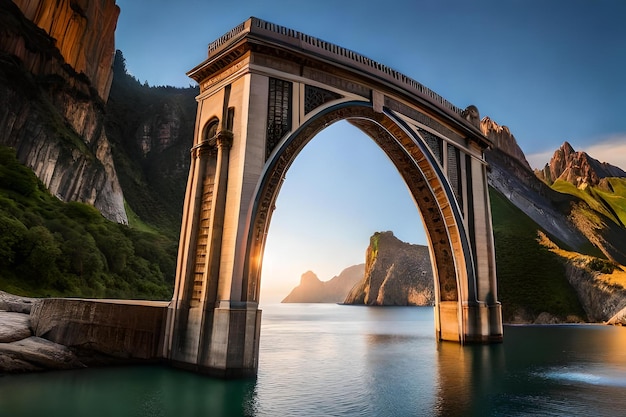 Pont d'arc au coucher du soleil avec les mots " arc " à droite.