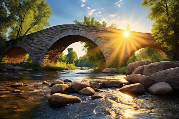 Un pont en arc de pierre éclairé par le soleil sur une rivière