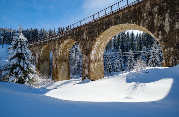 Pont en arc de viaduc en pierre sur le chemin de fer à travers la forêt de sapins enneigés de montagne La neige dérive sur le bord de la route et le givre sur les arbres