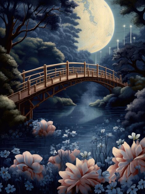 Le pont au clair de lune et les fleurs