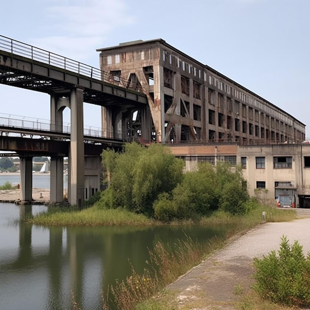 Un pont au-dessus de l'eau avec un pont en arrière-plan