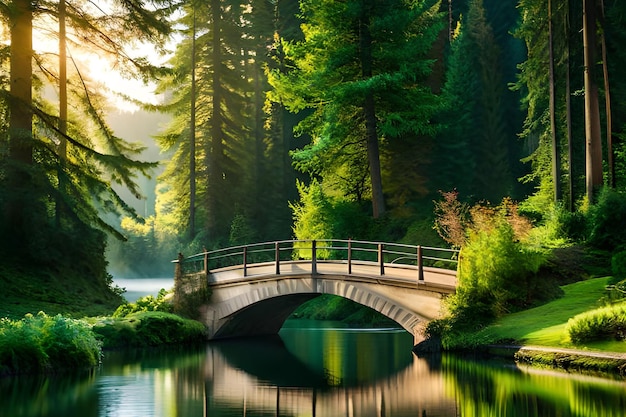 Pont au-dessus d'un lac dans la forêt