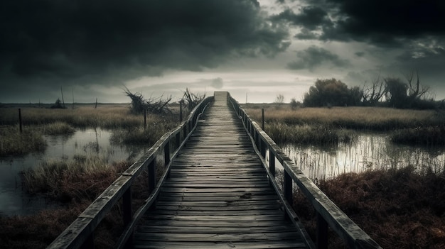 Un pont au-dessus d'un marais avec un ciel sombre et des nuages