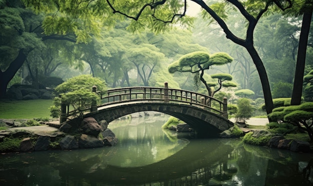 Un pont au-dessus d'un petit étang dans un parc