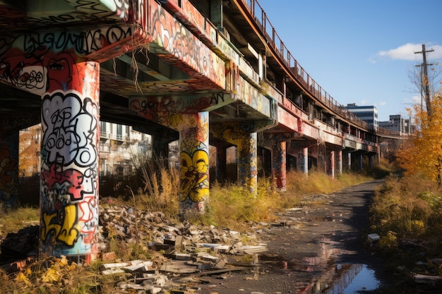 Pont d'autoroute avec un mur recouvert de graffitis IA générative