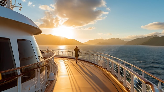 Le pont d'un bateau de croisière de luxe au coucher du soleil