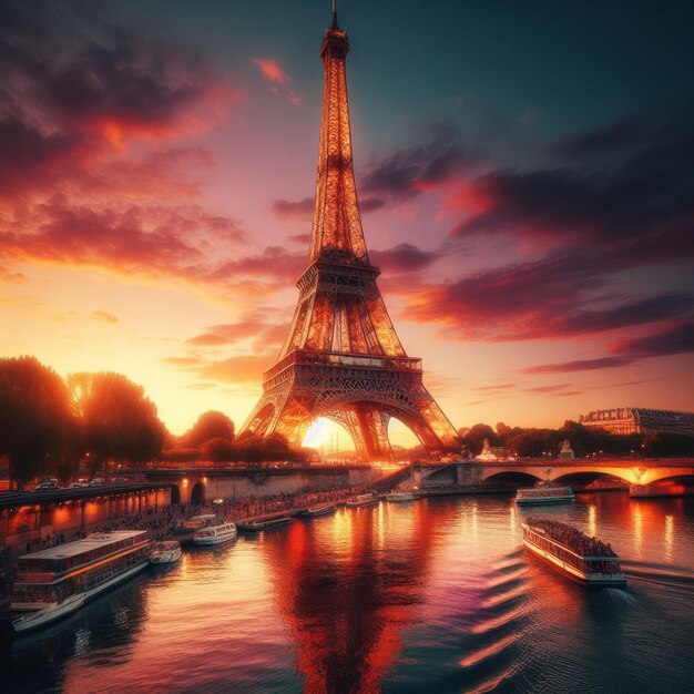 un pont avec des bateaux dans l'eau et un coucher de soleil à l'arrière-plan de la tour Eiffel