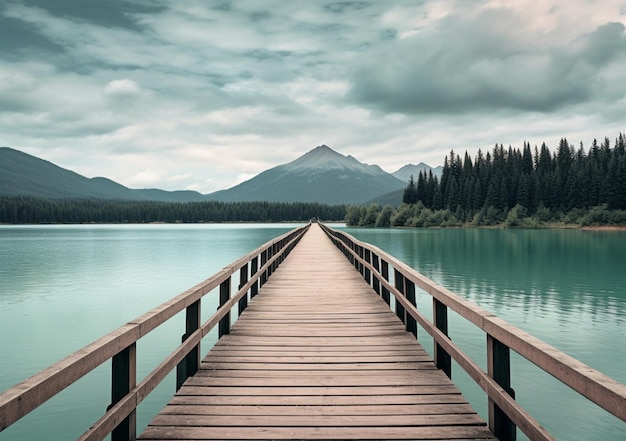 Photo pont en bois arafed au-dessus d'un lac avec des montagnes en arrière-plan ia générative