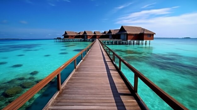 Un pont en bois au-dessus d'un lagon tropical