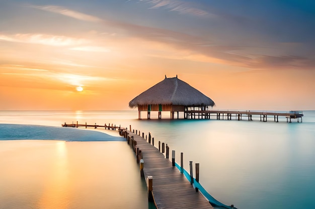 Un pont en bois au milieu d'une plage tropicale au coucher du soleil