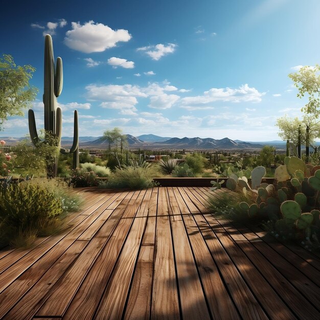 un pont en bois avec un cactus saguaro et le ciel environnant