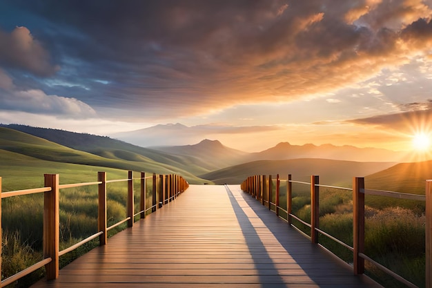 Un pont en bois avec un coucher de soleil en arrière-plan