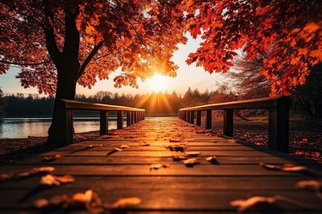 Photo pont en bois dans une forêt avec des feuilles d'automne qui coulent et un lac ai génératif