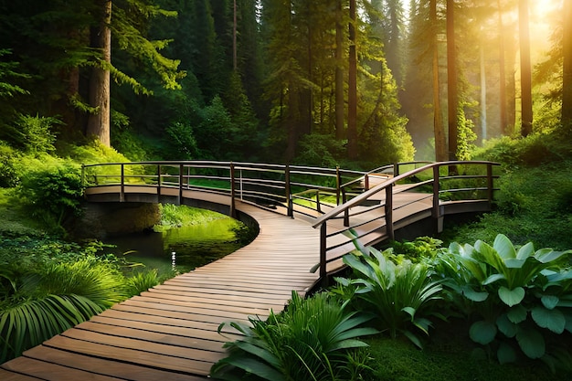 Un pont en bois dans une forêt avec une rivière en arrière-plan
