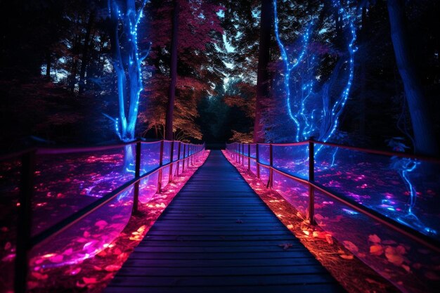 un pont en bois éclairé de lumières bleues et roses