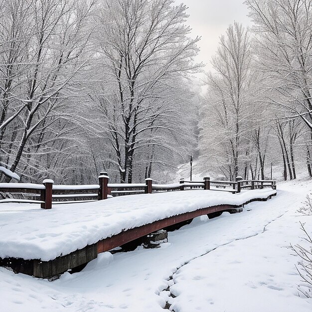 Pont en bois enneigé lors d'une journée d'hiver généré par l'IA